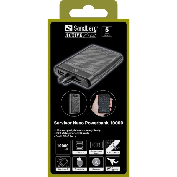 Фото - Батарея мобільна Sandberg 10000mAh 20W PD Survivor Nano Powerbank 2xUSB-C IN/OUT, IPX8 (421-32)