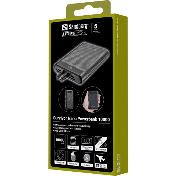 Фото - Батарея мобільна Sandberg 10000mAh 20W PD Survivor Nano Powerbank 2xUSB-C IN/OUT, IPX8 (421-32)
