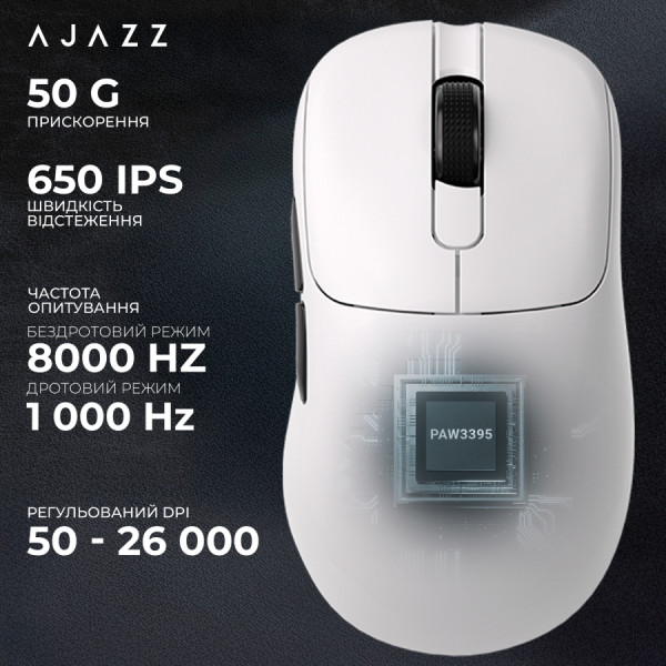 Фото - Миша бездротова ігрова Ajazz AJ179PRO -3 Mod-White-Pixart 3395-8K (AJ179-PRO-W)