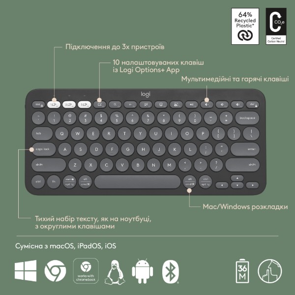 Фото - Клавіатура бездротова Logitech K380s Pebble Keys 2 Graphite Bluetooth (920-011851)