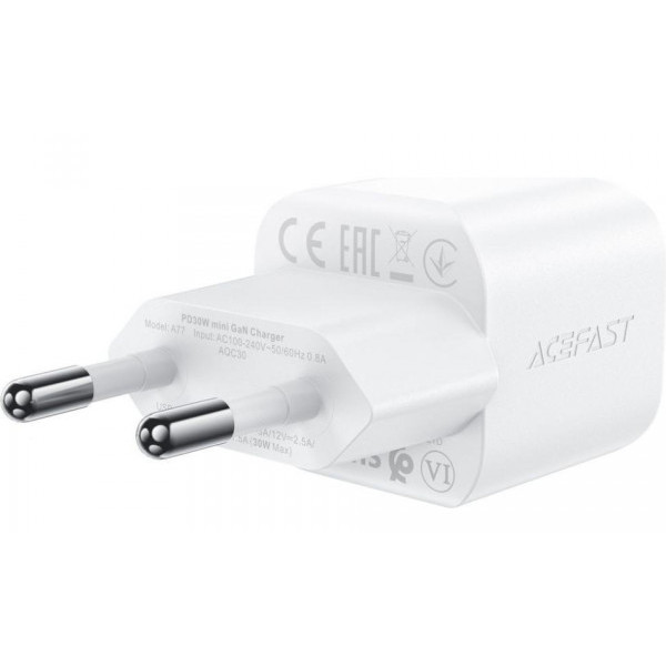 Фото - Мережевий зарядний пристрій AceFast USB-C 30W Gan A77 mini + USB-C cable Fast Charger White (6974316282853)