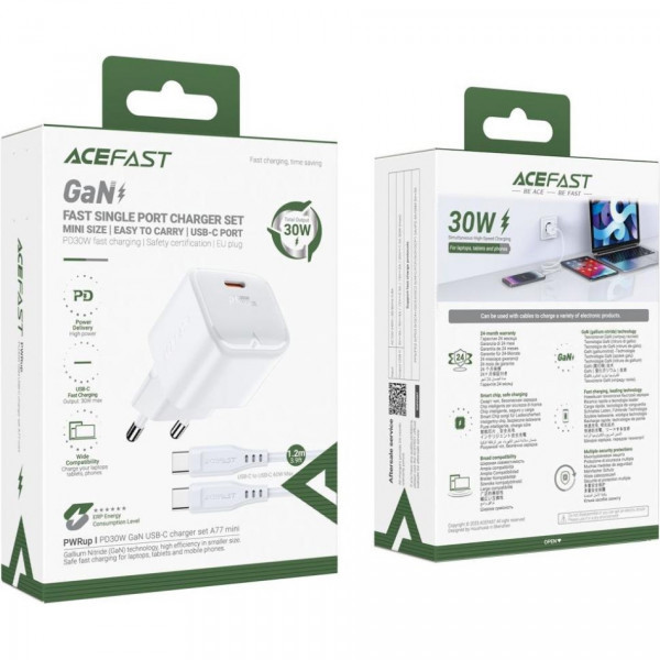 Фото - Мережевий зарядний пристрій AceFast USB-C 30W Gan A77 mini + USB-C cable Fast Charger White (6974316282853)