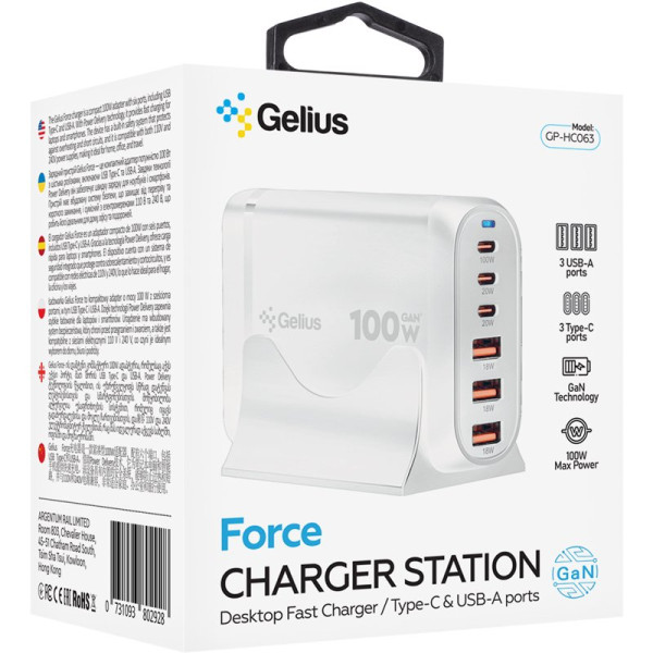 Фото - Мережевий зарядний пристрій Gelius Force GaN 100W GP-HC063 3USB-A + 3Type-C White (99741)