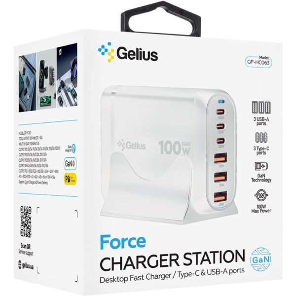 Фото - Мережевий зарядний пристрій Gelius Force GaN 100W GP-HC063 3USB-A + 3Type-C White (99741)