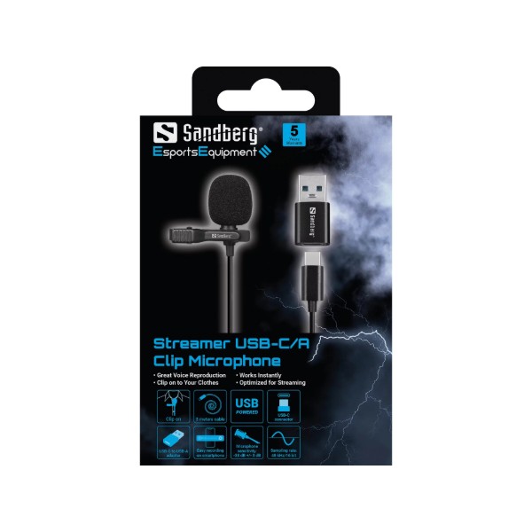 Фото - Микрофон для смартфона Sandberg Streamer USB Clip USB-A/USB-C 3м Black (126-40)