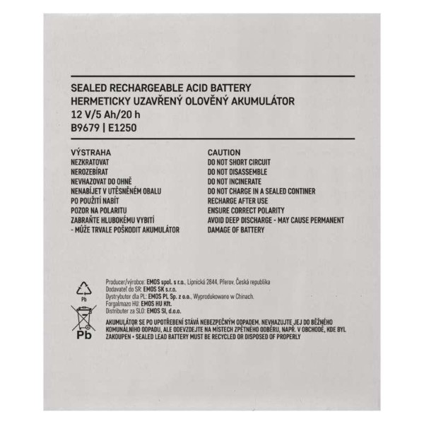 Фото - Аккумулятор для ДБЖ EMOS B9679, AGM, 12V, 5Ah, fast 6,3mm