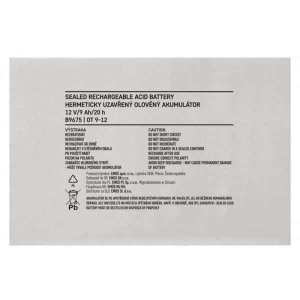 Фото - Аккумулятор для ДБЖ EMOS B9675, AGM, 12V, 9Ah, fast 6,3mm