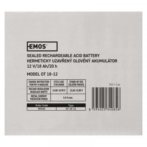 Фото - Аккумулятор для ДБЖ EMOS B9655, AGM, 12V, 18Ah, L1
