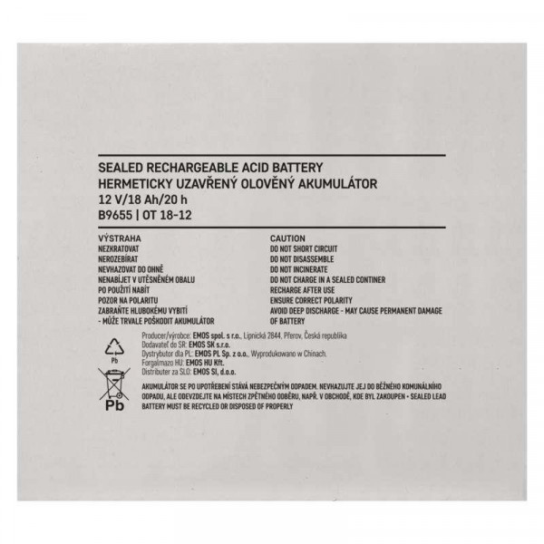 Фото - Аккумулятор для ДБЖ EMOS B9655, AGM, 12V, 18Ah, L1