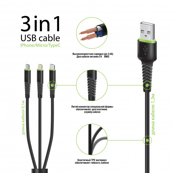 Фото - Кабель Intaleo CBFLEXU1 3in1 Micro Lightning Type-C 1,4m Black (1283126487521)