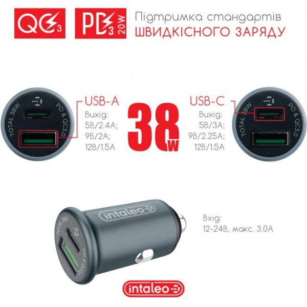 Фото - Автомобильное зарядное устройство Intaleo CCGQPD238 (2USB, 3A) Grey (1283126509971)