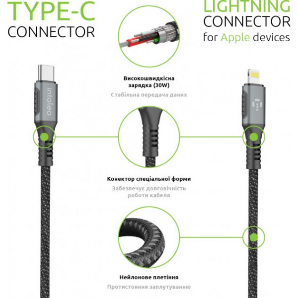 Фото - Кабель синхронізації даних Intaleo CBGPD30WTL1 USB-Lightning 1.2 м Grey (1283126518089)