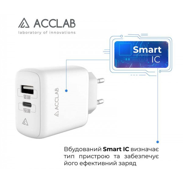 Фото - Мережевий зарядний пристрій ACCLAB AL-TC220 1xUSB, 1xType-C White (1283126556494)