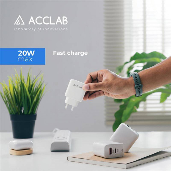 Фото - Мережевий зарядний пристрій ACCLAB AL-TC220 1xUSB, 1xType-C White (1283126556494)
