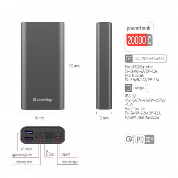 Фото - Батарея мобильная Colorway 20000mAh Gray (CW-PB200LPH3GR-PDD)