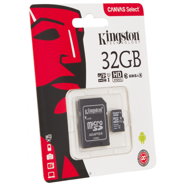 Фото - Карта пам'яті Kingston microSDHC 32GB C10 UHS-I + SD адаптер (SDCS/32GB)
