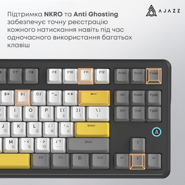 Фото - Клавиатура проводная игровая Ajazz AK870 V2 Flying Fish switches Black Gray Yellow (AK870-V2-FF-BGY)