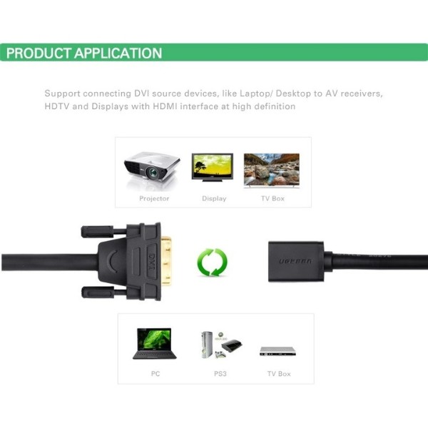 Фото - Перехідник DVI - HDMI UGREEN DVI Male to HDMI Female Adapter Cable 22cm Black (20118)