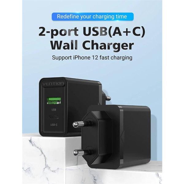 Фото - Мережевий зарядний пристрій Vention USB Type C + QC4.0 Black (FBBB0-EU)