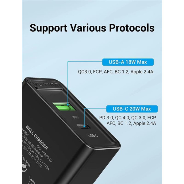 Фото - Мережевий зарядний пристрій Vention USB Type C + QC4.0 Black (FBBB0-EU)
