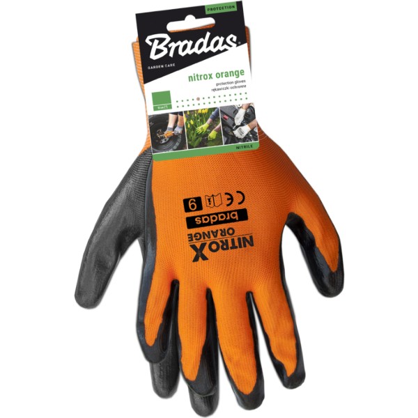 Фото - Перчатки садовые BRADAS Nitrox Orange с нитриловым покрытием, размер 10, 12 пар Черные с оранжевым (RWNO10)