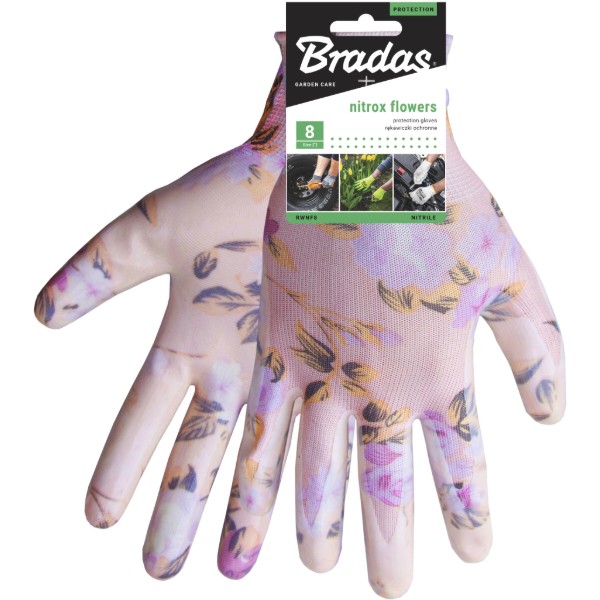 Фото - Перчатки садовые BRADAS Nitrox Flowers с нитриловым покрытием, размер 8, 12 пар Розовые с белым (RWNF8)