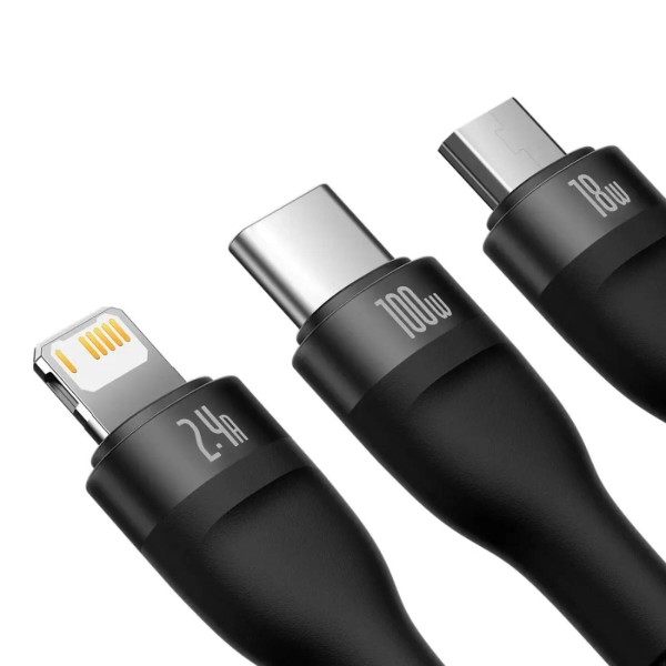 Фото - Кабель Baseus Flash Series One-for-three Fast Charging Data Cable USB to M+L+C 100W 1.2m Black (CASS030001)