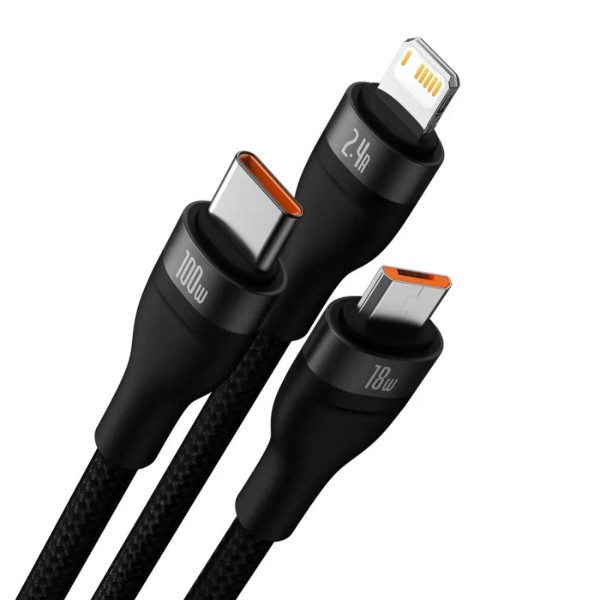 Фото - Кабель Baseus Flash Series One-for-three Fast Charging Data Cable USB to M+L+C 100W 1.2m Black (CASS030001)