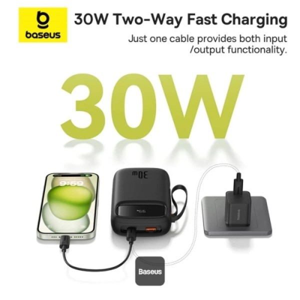 Фото - Батарея мобільна Baseus QPow2 20000mAh 30W USB-A+USB-C Built-in 2xUSB-C Cable Black (P10055009113-00)