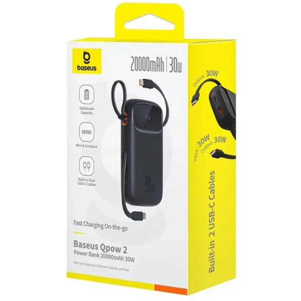 Фото - Батарея мобільна Baseus QPow2 20000mAh 30W USB-A+USB-C Built-in 2xUSB-C Cable Black (P10055009113-00)