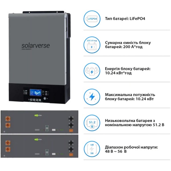 Фото - Система хранения энергии Solarverse SV-1SV6K2-LES10.2K1 (1ф, 6kW, 51.2V, 200 Ah, LiFePO4)