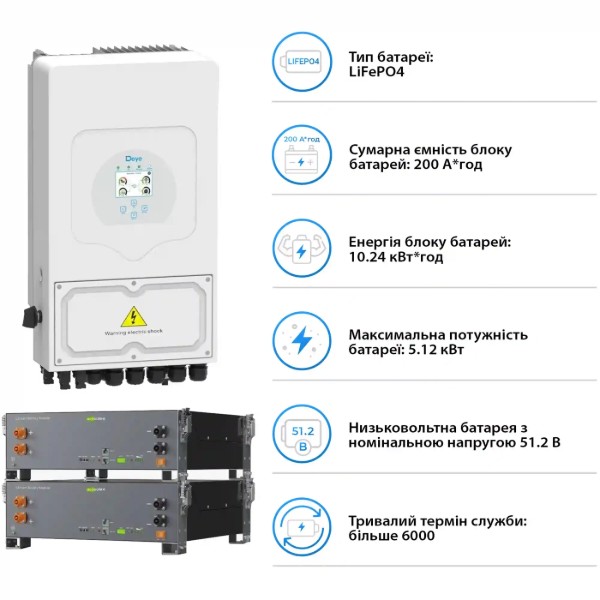 Фото - Система хранения энергии Deye SV-1DE6K2-LEC10K1-1 (1ф, 6kW, 51.2V, 200Ah, LiFePO4)