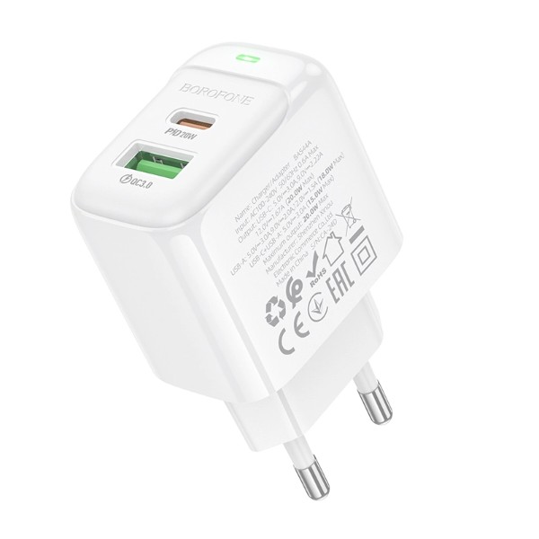 Фото - Мережевий зарядний пристрій BOROFONE BAS44A Potential PD20W+QC3.0 charger(EU) White (6941991113840)