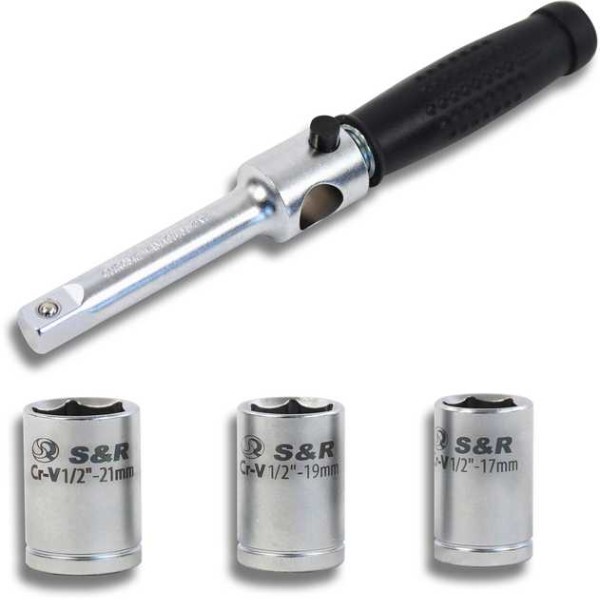 Фото - Ключ динамометрический S&R 1/2" 70-170 Нм 490 мм + головки 17,19,21 мм (465012170)