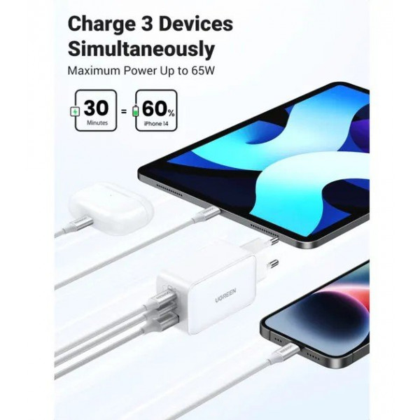 Фото - Мережевий зарядний пристрій UGREEN CD224 USB-A+2*USB-C 65W  GaN Tech Fast  White (15334)