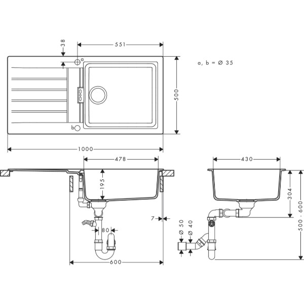 Фото - Мийка кухонна Hansgrohe S52 S520-F480 Чорний Графіт (43358170)