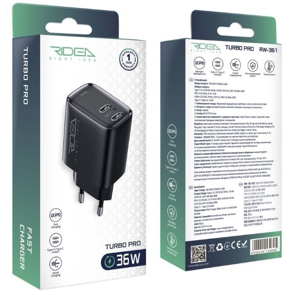 Фото - Сетевое зарядное устройство Ridea Turbo Pro 2USB-C QC/PD 36W Black (RW-36120)