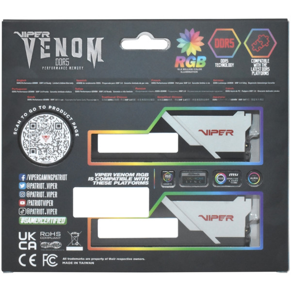 Фото - Память DDR Patriot DDR5 2x32GB/6000 Viper Venom RGB (PVVR564G600C30K)