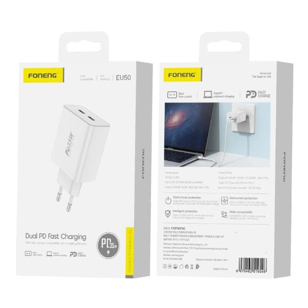 Фото - Мережевий зарядний пристрій Foneng EU50 PD35W Fast Charger 2USBх3A White (EU50-CH)