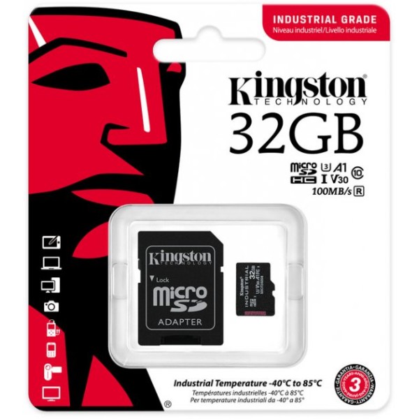 Фото - Карта памяти Kingston 32GB microSDHC Industrial C10 A1 pSL C Card + SD Adapter (SDCIT2/32GB)