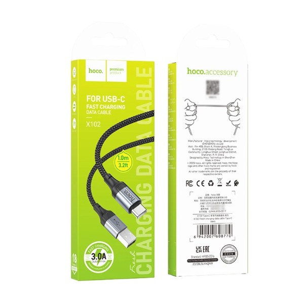 Фото - Кабель HOCO X102 USB to Type-C 3A, 1m Black (6942007608770)