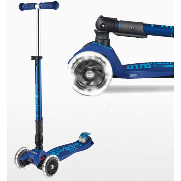 Фото - Триколісний самокат Micro "Maxi Deluxe LED" - ТЕМНО-СИНІЙ (складний, до 50 кг, триколісний, світло)