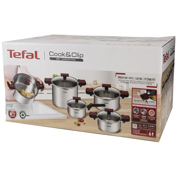 Фото - Набір посуду Tefal G723SA74 Cook & Clip 10 пр каструлі 22см (6,1 л)/24 см (5,0 л)/20 см (2,9 л)/18 см (2,0 л), ковш16 см (1,5 л)