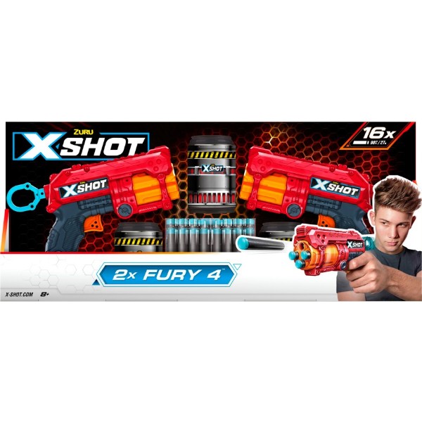 Фото - Бластер многозарядный ZURU X-Shot Red EXCEL FURY 4 2 PK (3 банки, 16 патронов) (36329R)