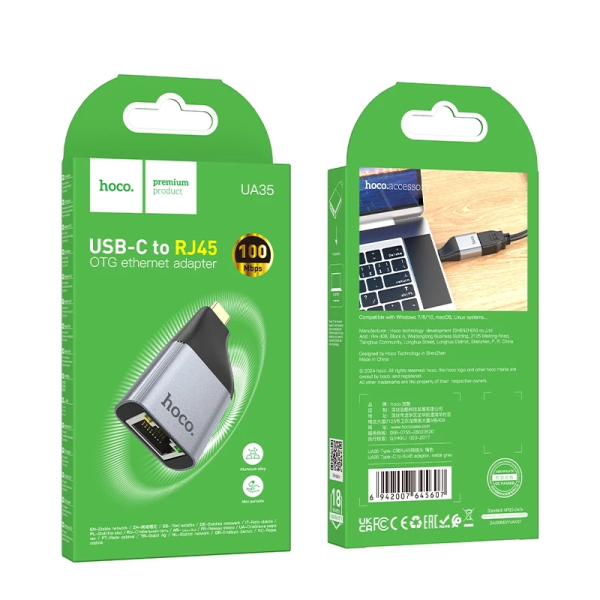 Фото - Перехідник HOCO UA35 Type-C to RJ45 Metal Gray (6942007645607)