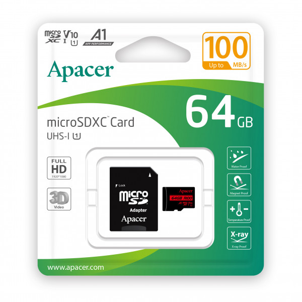 Фото - Карта пам'яті Apacer MicroSDHC 64GB UHS-I Class 10 + SD adapter (AP64GMCSX10UB-R)