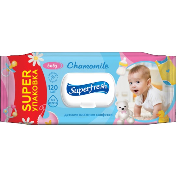Фото - Серветки вологі для дітей Superfresh Baby chamomile з клапаном, 120 шт. (42105632)