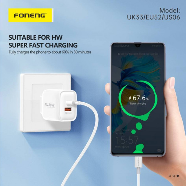 Фото - Мережевий зарядний пристрій Foneng PD30W (1xUSB, 1xType-C) White (EU52-CH)