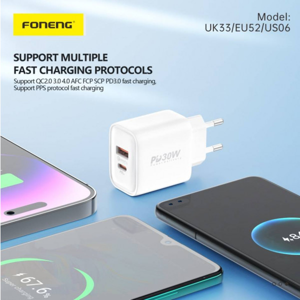 Фото - Мережевий зарядний пристрій Foneng PD30W (1xUSB, 1xType-C) White (EU52-CH)