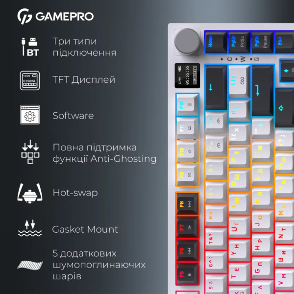 Фото - Клавіатура бездротова ігрова GamePro Asgard Valhalla Pro QLAB Sakura Switch Bluetooth/2.4G/USB White With Display (MK160-W-D-QS-PRO)